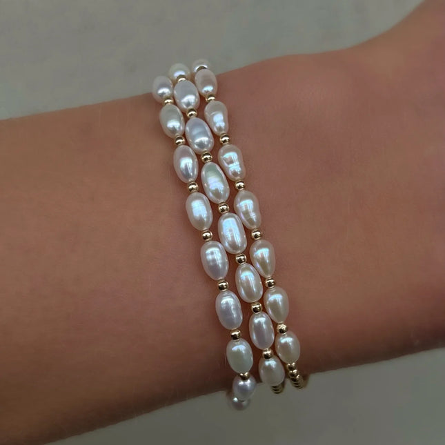 14K Gold White Rice Pearl Bracelet