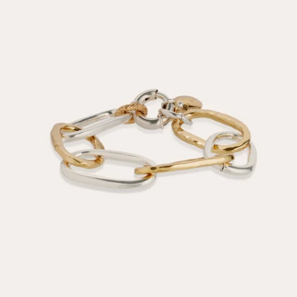 Pulsera bicolor de cadena con eslabones ovalados grandes. Talla ajustable.
Largo: 22,5 cm - Ancho: 2 cm.
Peso: 42 g.