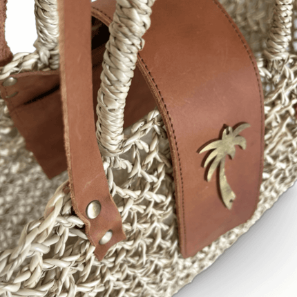 Cestas fabricadas en Marruecos. Pergola Kech. Tamaño: Mini. Color: Cuero cafe con Palmera
